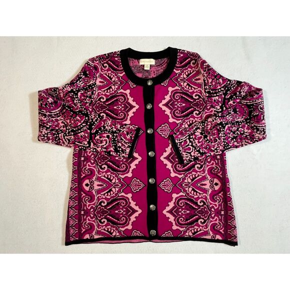 Appleseed's Maroon Black Paisley Cardigan Sweater Wool Blend Medium Button Down - Picture 1 of 9